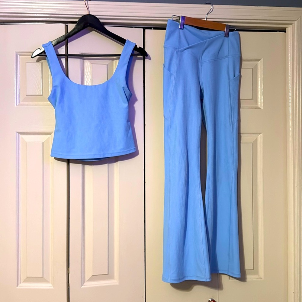 Fabletics Oasis Pureluxe Rib Top and Flare Pants Bali Blue
